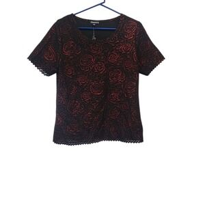 Chances R Black Top Red Rose Floral Lace Trim Short‎ Sleeve Blouse